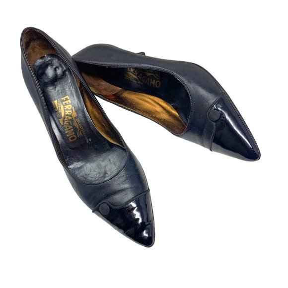 Salvatore Ferragamo Black Leather‎ Patent Leather Cap Toe Pumps - Picture 1 of 14